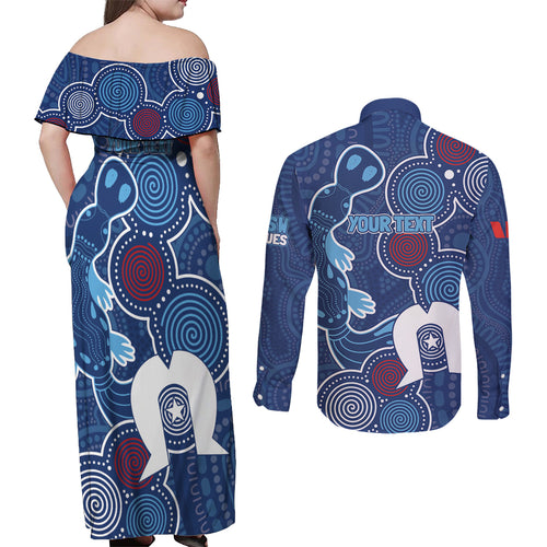 NAIDOC Week Couples Matching Off Shoulder Maxi Dress and Long Sleeve Button Shirt NSW Blues Platypus