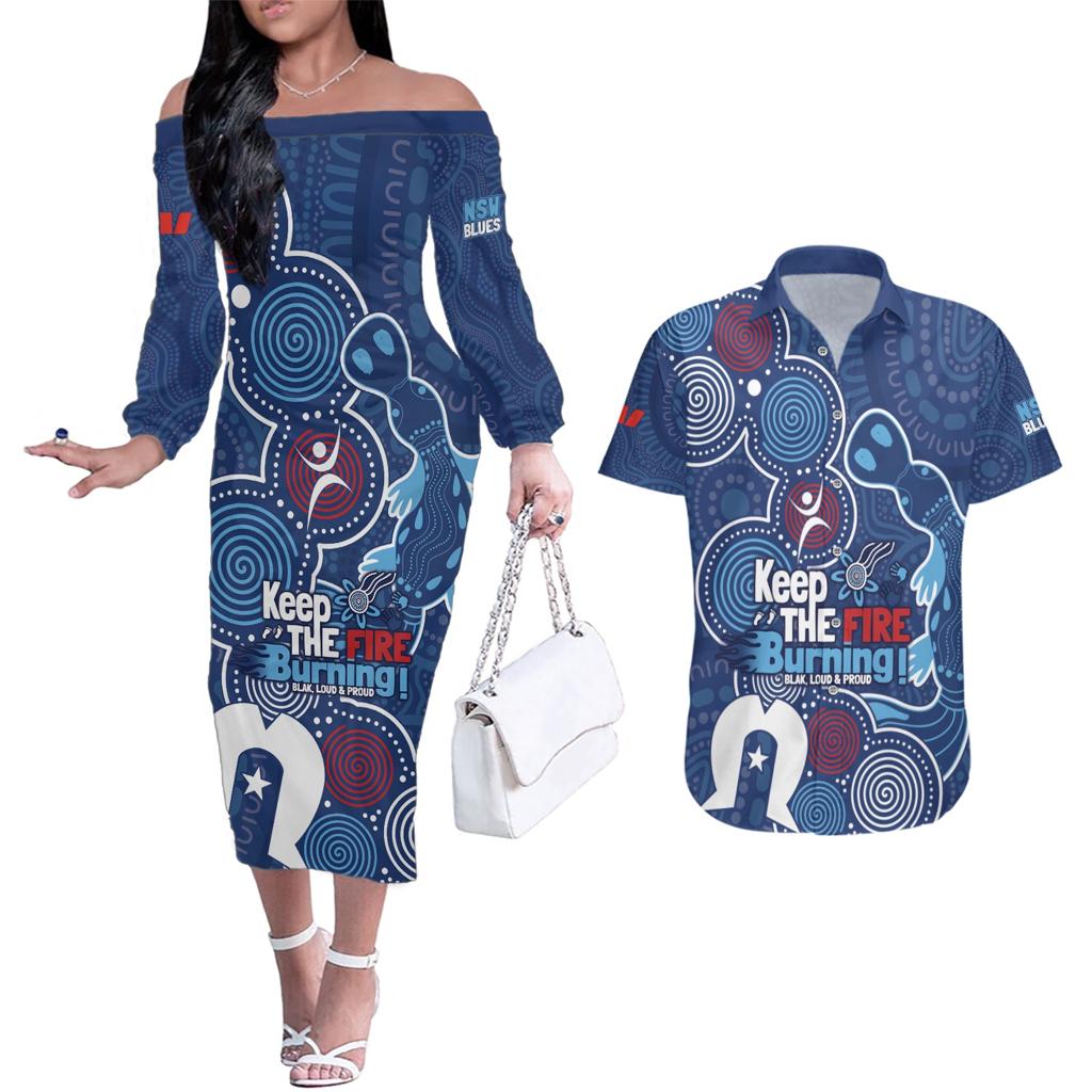 NAIDOC Week Couples Matching Off The Shoulder Long Sleeve Dress and Hawaiian Shirt NSW Blues Platypus
