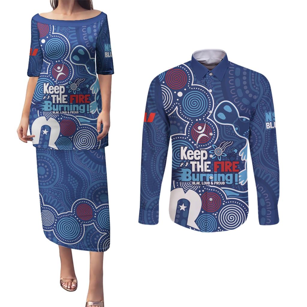 NAIDOC Week Couples Matching Puletasi and Long Sleeve Button Shirt NSW Blues Platypus