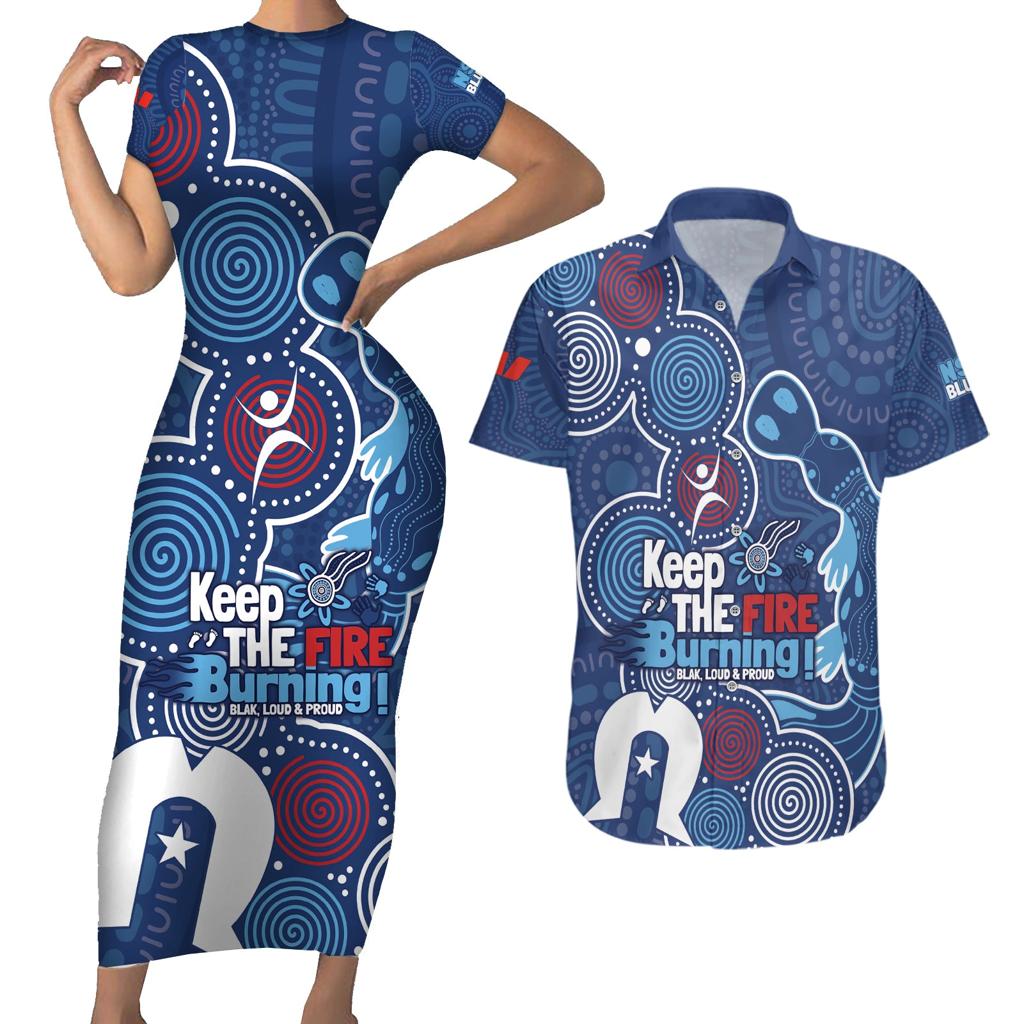 NAIDOC Week Couples Matching Short Sleeve Bodycon Dress and Hawaiian Shirt NSW Blues Platypus