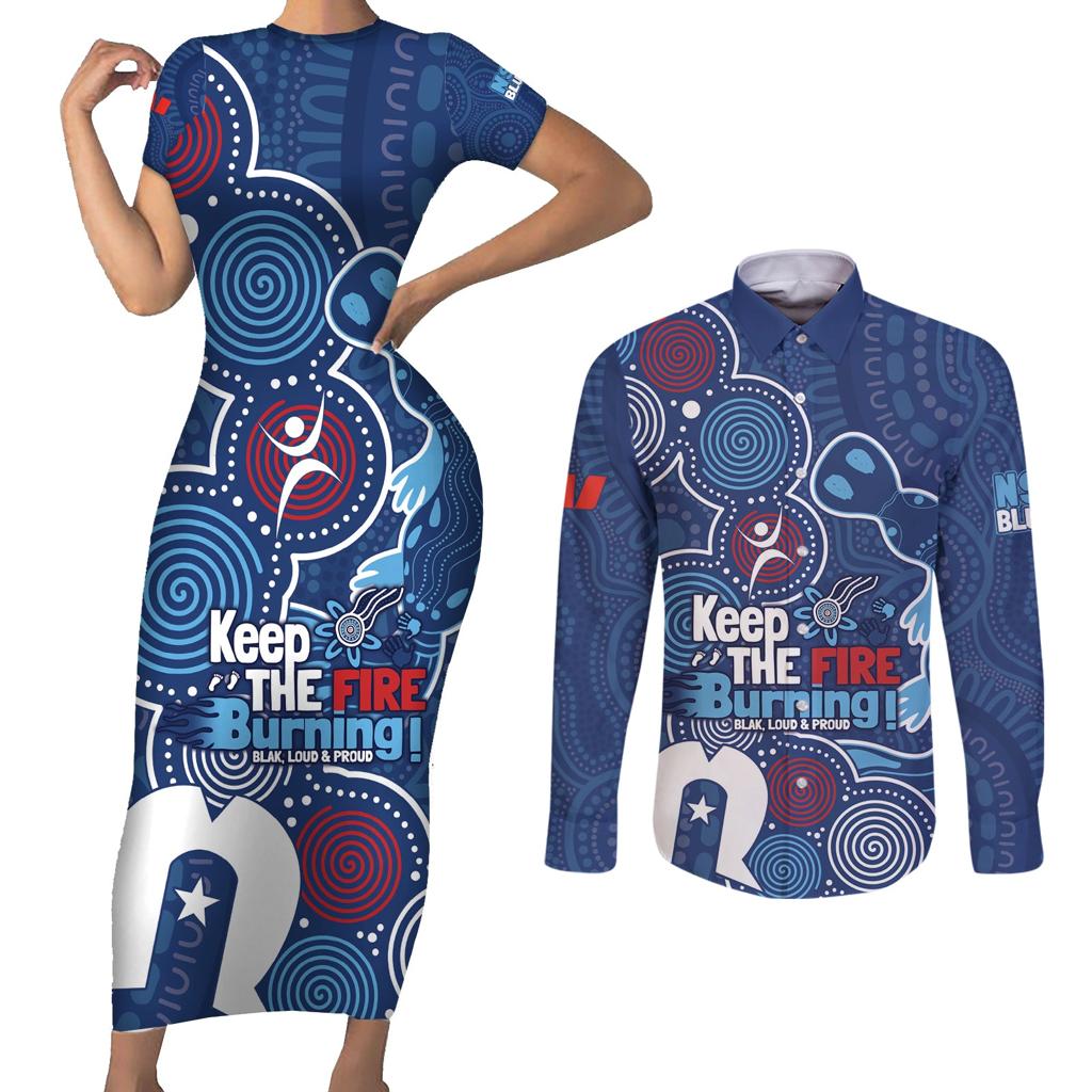 NAIDOC Week Couples Matching Short Sleeve Bodycon Dress and Long Sleeve Button Shirt NSW Blues Platypus