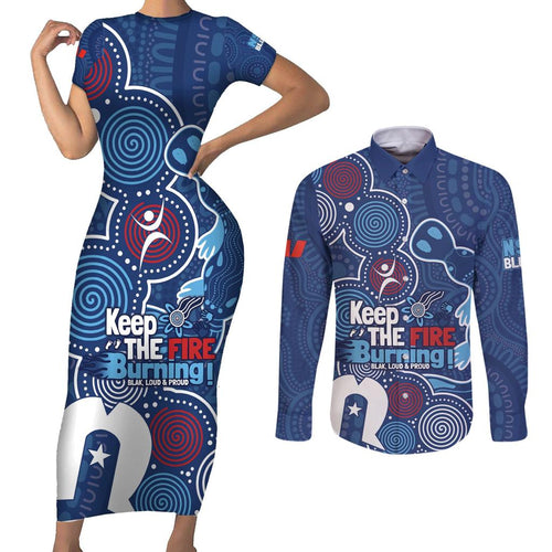 NAIDOC Week Couples Matching Short Sleeve Bodycon Dress and Long Sleeve Button Shirt NSW Blues Platypus