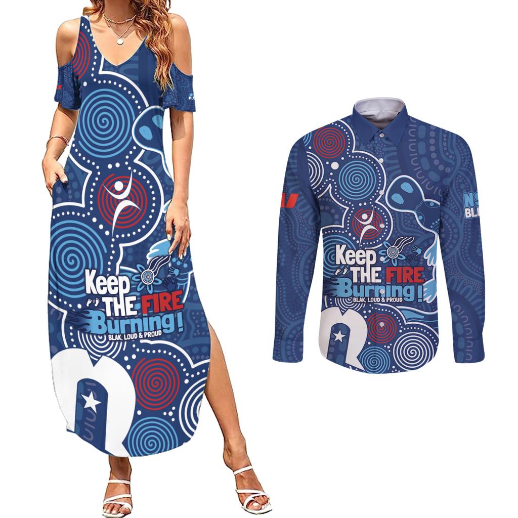 NAIDOC Week Couples Matching Summer Maxi Dress and Long Sleeve Button Shirt NSW Blues Platypus