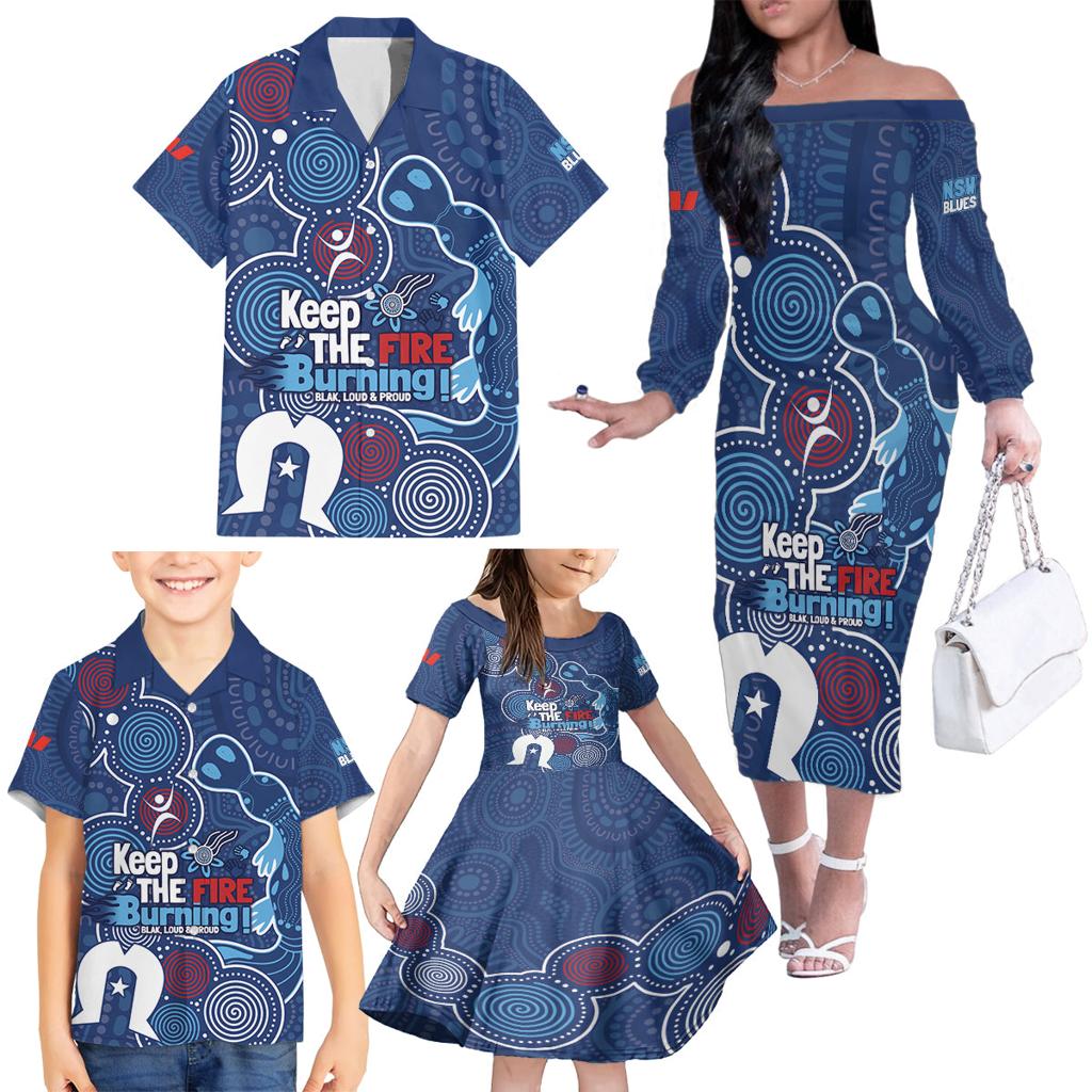 NAIDOC Week Family Matching Off The Shoulder Long Sleeve Dress and Hawaiian Shirt NSW Blues Platypus