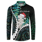 New Zealand Personalised Button Sweatshirt Meri Kirihimete Kowhaiwhai Mix Paua Shell - Emerald
