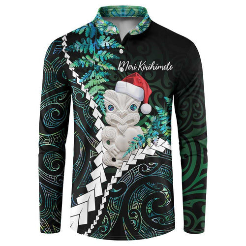 New Zealand Personalised Button Sweatshirt Meri Kirihimete Kowhaiwhai Mix Paua Shell - Emerald