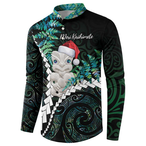 New Zealand Personalised Button Sweatshirt Meri Kirihimete Kowhaiwhai Mix Paua Shell - Emerald