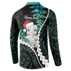 New Zealand Personalised Button Sweatshirt Meri Kirihimete Kowhaiwhai Mix Paua Shell - Emerald