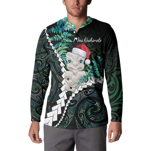 New Zealand Personalised Button Sweatshirt Meri Kirihimete Kowhaiwhai Mix Paua Shell - Emerald
