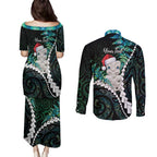 New Zealand Personalised Couples Matching Puletasi and Long Sleeve Button Shirt Meri Kirihimete Kowhaiwhai Mix Paua Shell - Emerald