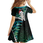 New Zealand Personalised Family Matching Off The Shoulder Long Sleeve Dress and Hawaiian Shirt Meri Kirihimete Kowhaiwhai Mix Paua Shell - Emerald