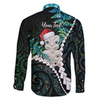 New Zealand Personalised Family Matching Off The Shoulder Long Sleeve Dress and Hawaiian Shirt Meri Kirihimete Kowhaiwhai Mix Paua Shell - Emerald