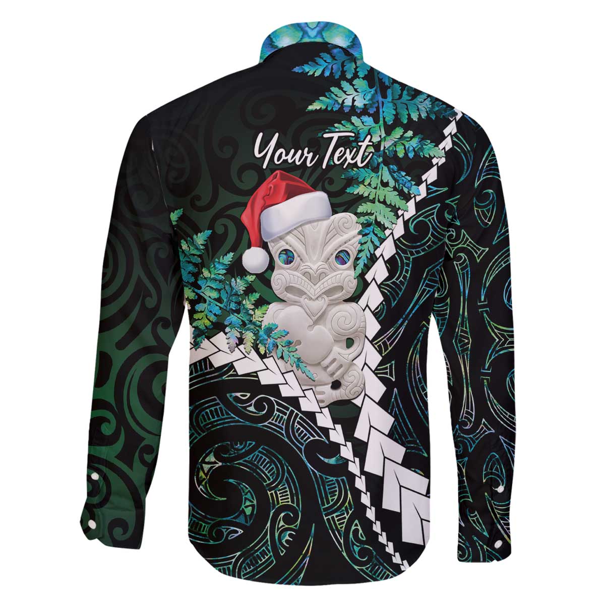 New Zealand Personalised Family Matching Off The Shoulder Long Sleeve Dress and Hawaiian Shirt Meri Kirihimete Kowhaiwhai Mix Paua Shell - Emerald