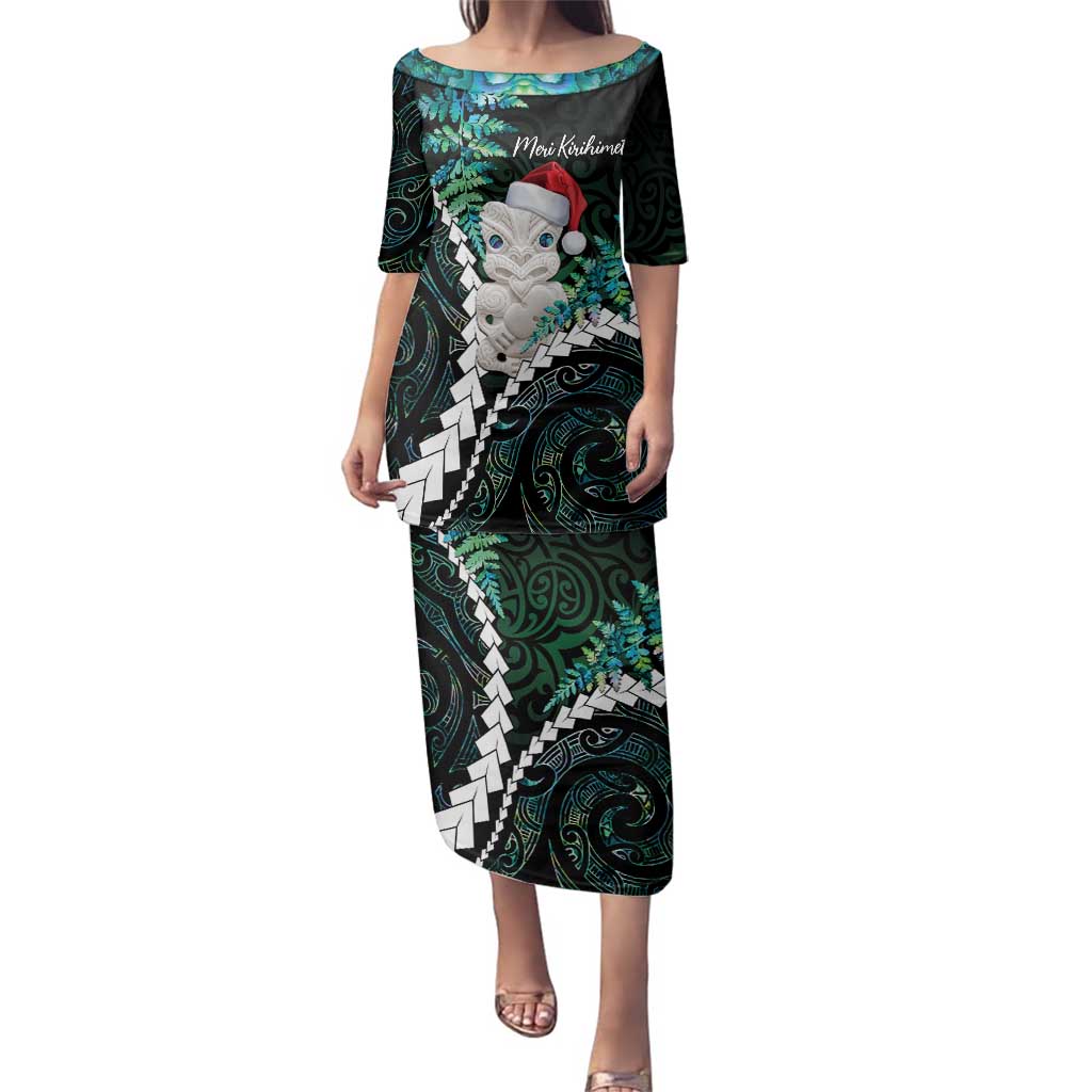 New Zealand Personalised Family Matching Puletasi and Hawaiian Shirt Meri Kirihimete Kowhaiwhai Mix Paua Shell - Emerald
