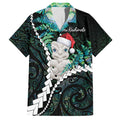 New Zealand Personalised Family Matching Short Sleeve Bodycon Dress and Hawaiian Shirt Meri Kirihimete Kowhaiwhai Mix Paua Shell - Emerald