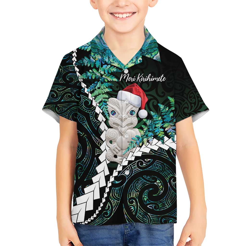 New Zealand Personalised Kid Hawaiian Shirt Meri Kirihimete Kowhaiwhai Mix Paua Shell - Emerald