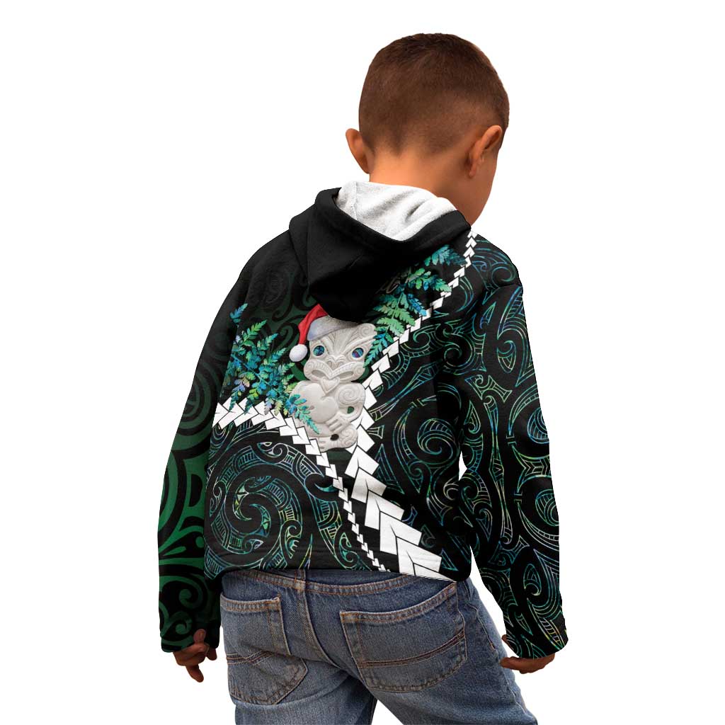 New Zealand Personalised Kid Hoodie Meri Kirihimete Kowhaiwhai Mix Paua Shell - Emerald