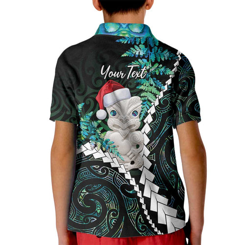 New Zealand Personalised Kid Polo Shirt Meri Kirihimete Kowhaiwhai Mix Paua Shell - Emerald