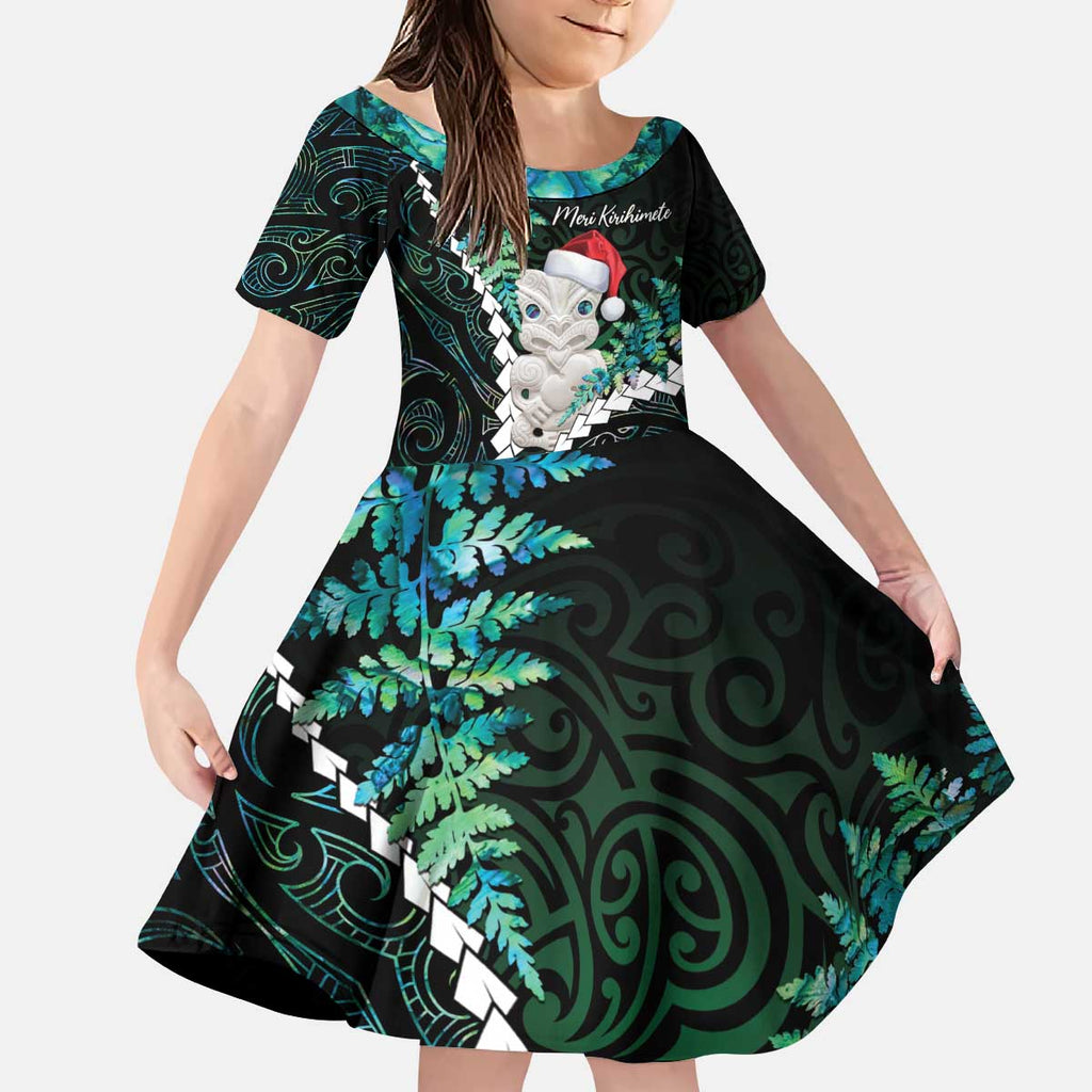 New Zealand Personalised Kid Short Sleeve Dress Meri Kirihimete Kowhaiwhai Mix Paua Shell - Emerald