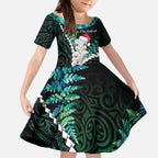 New Zealand Personalised Kid Short Sleeve Dress Meri Kirihimete Kowhaiwhai Mix Paua Shell - Emerald