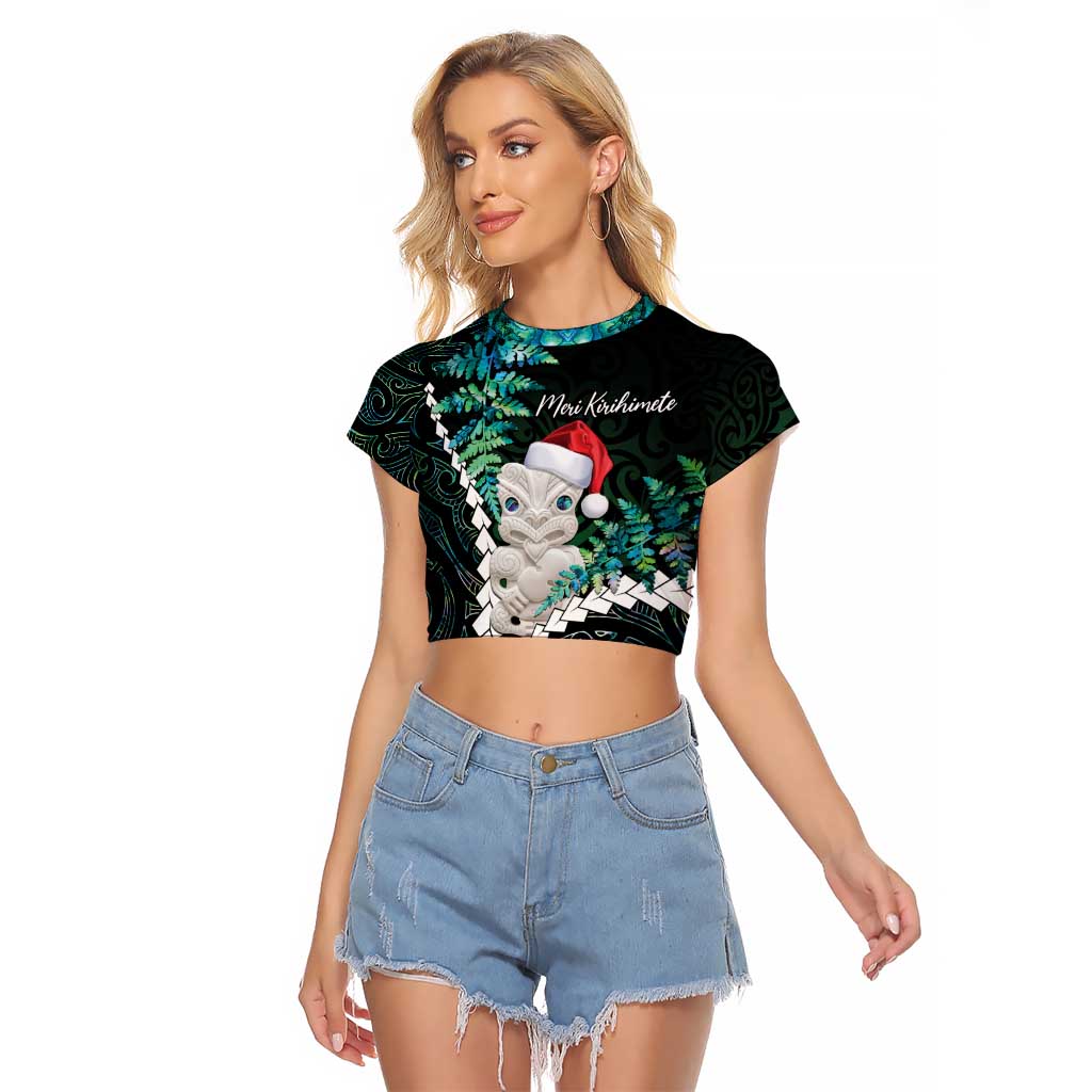 New Zealand Personalised Raglan Cropped T Shirt Meri Kirihimete Kowhaiwhai Mix Paua Shell - Emerald