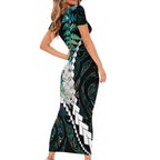 New Zealand Personalised Short Sleeve Bodycon Dress Meri Kirihimete Kowhaiwhai Mix Paua Shell - Emerald