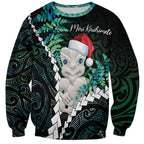 New Zealand Personalised Sweatshirt Meri Kirihimete Kowhaiwhai Mix Paua Shell - Emerald