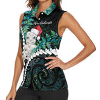New Zealand Personalised Women Sleeveless Polo Shirt Meri Kirihimete Kowhaiwhai Mix Paua Shell - Emerald