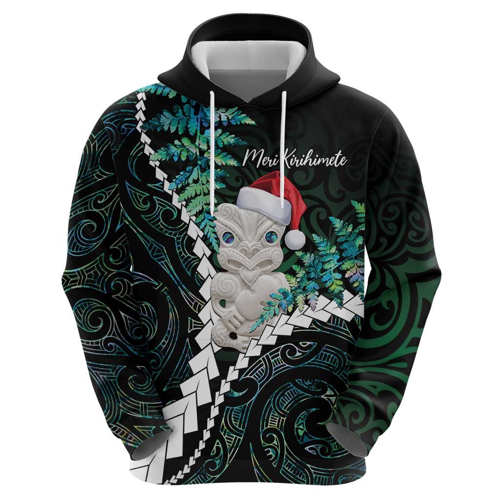 New Zealand Personalised Zip Hoodie Meri Kirihimete Kowhaiwhai Mix Paua Shell - Emerald