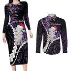 New Zealand Personalised Couples Matching Long Sleeve Bodycon Dress and Long Sleeve Button Shirt Meri Kirihimete Kowhaiwhai Mix Paua Shell - Amethys