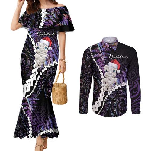 New Zealand Personalised Couples Matching Mermaid Dress and Long Sleeve Button Shirt Meri Kirihimete Kowhaiwhai Mix Paua Shell - Amethys