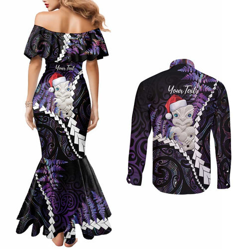 New Zealand Personalised Couples Matching Mermaid Dress and Long Sleeve Button Shirt Meri Kirihimete Kowhaiwhai Mix Paua Shell - Amethys