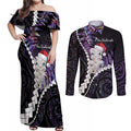 New Zealand Personalised Couples Matching Off Shoulder Maxi Dress and Long Sleeve Button Shirt Meri Kirihimete Kowhaiwhai Mix Paua Shell - Amethys