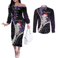 New Zealand Personalised Couples Matching Off The Shoulder Long Sleeve Dress and Long Sleeve Button Shirt Meri Kirihimete Kowhaiwhai Mix Paua Shell - Amethys