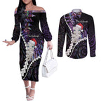 New Zealand Personalised Couples Matching Off The Shoulder Long Sleeve Dress and Long Sleeve Button Shirt Meri Kirihimete Kowhaiwhai Mix Paua Shell - Amethys