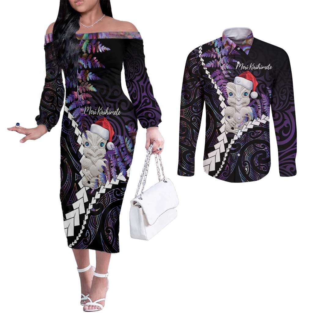 New Zealand Personalised Couples Matching Off The Shoulder Long Sleeve Dress and Long Sleeve Button Shirt Meri Kirihimete Kowhaiwhai Mix Paua Shell - Amethys
