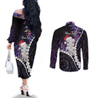 New Zealand Personalised Couples Matching Off The Shoulder Long Sleeve Dress and Long Sleeve Button Shirt Meri Kirihimete Kowhaiwhai Mix Paua Shell - Amethys