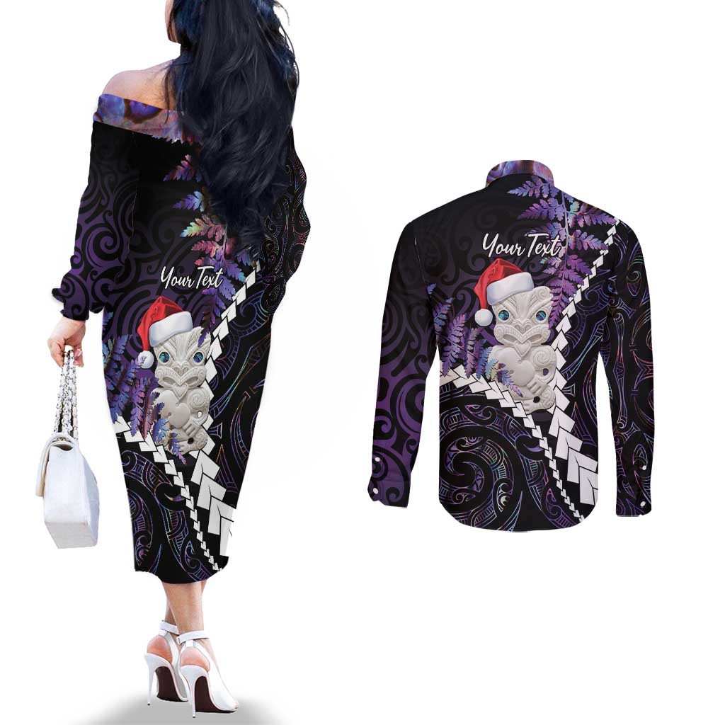 New Zealand Personalised Couples Matching Off The Shoulder Long Sleeve Dress and Long Sleeve Button Shirt Meri Kirihimete Kowhaiwhai Mix Paua Shell - Amethys