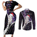 New Zealand Personalised Couples Matching Short Sleeve Bodycon Dress and Long Sleeve Button Shirt Meri Kirihimete Kowhaiwhai Mix Paua Shell - Amethys