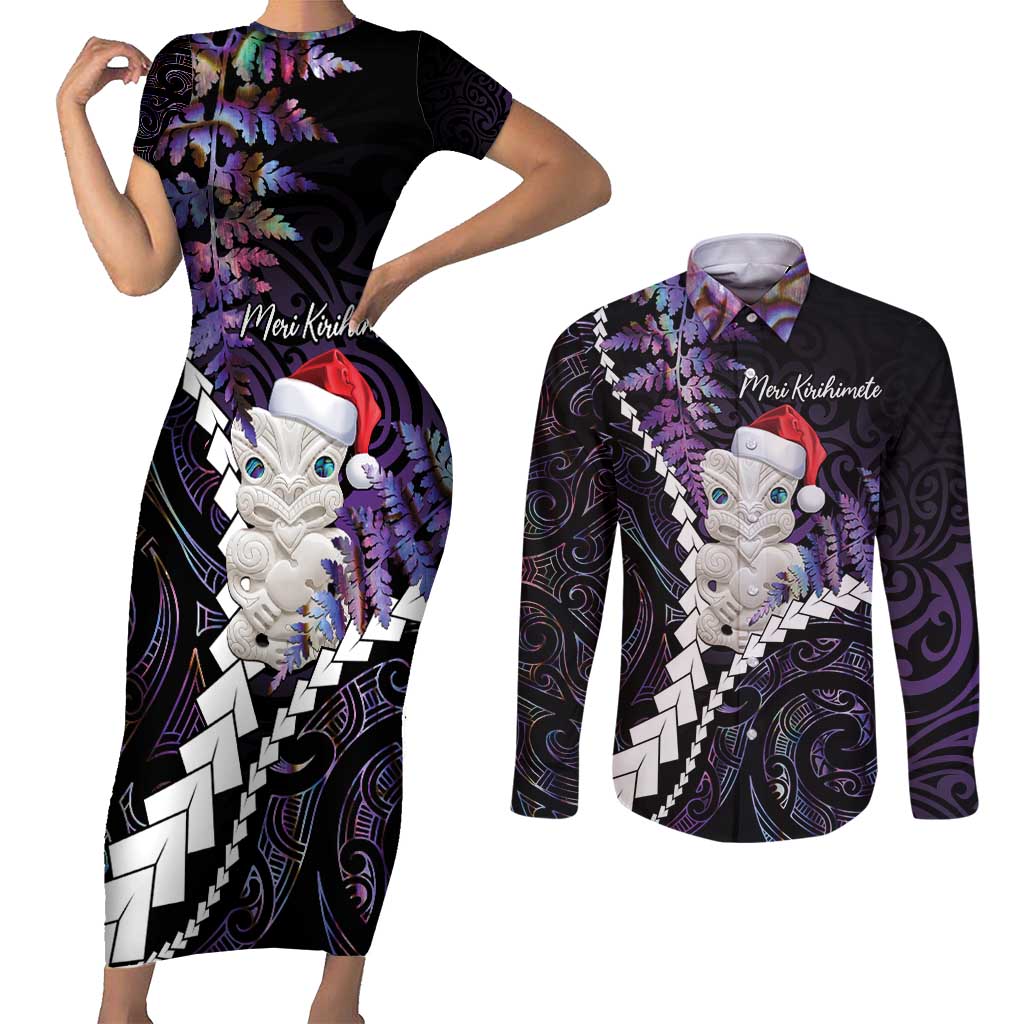 New Zealand Personalised Couples Matching Short Sleeve Bodycon Dress and Long Sleeve Button Shirt Meri Kirihimete Kowhaiwhai Mix Paua Shell - Amethys