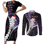 New Zealand Personalised Couples Matching Short Sleeve Bodycon Dress and Long Sleeve Button Shirt Meri Kirihimete Kowhaiwhai Mix Paua Shell - Amethys