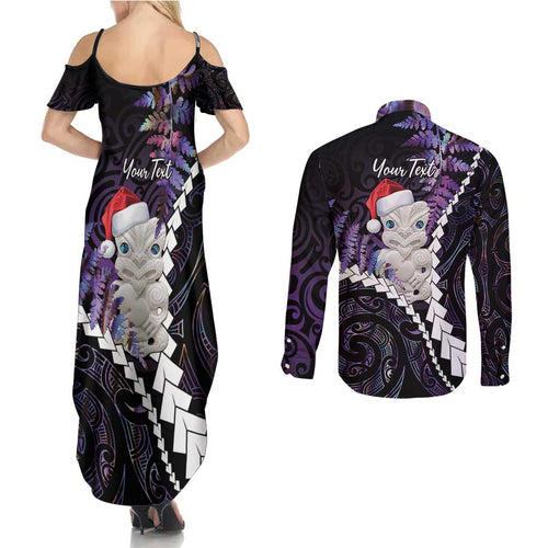 New Zealand Personalised Couples Matching Summer Maxi Dress and Long Sleeve Button Shirt Meri Kirihimete Kowhaiwhai Mix Paua Shell - Amethys