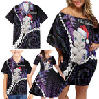 New Zealand Personalised Family Matching Off Shoulder Short Dress and Hawaiian Shirt Meri Kirihimete Kowhaiwhai Mix Paua Shell - Amethys