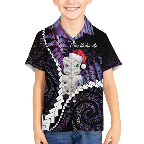 New Zealand Personalised Family Matching Off Shoulder Short Dress and Hawaiian Shirt Meri Kirihimete Kowhaiwhai Mix Paua Shell - Amethys
