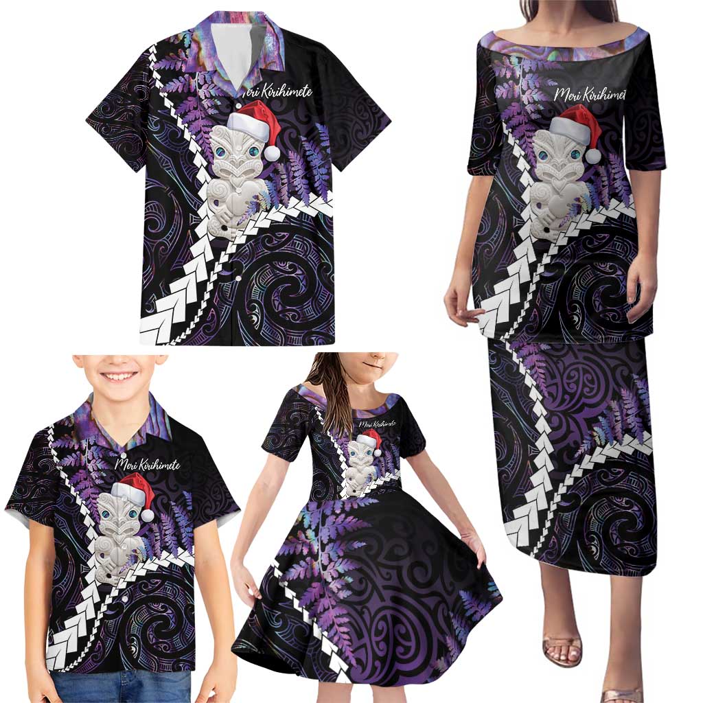 New Zealand Personalised Family Matching Puletasi and Hawaiian Shirt Meri Kirihimete Kowhaiwhai Mix Paua Shell - Amethys