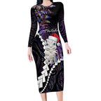 New Zealand Personalised Long Sleeve Bodycon Dress Meri Kirihimete Kowhaiwhai Mix Paua Shell - Amethys