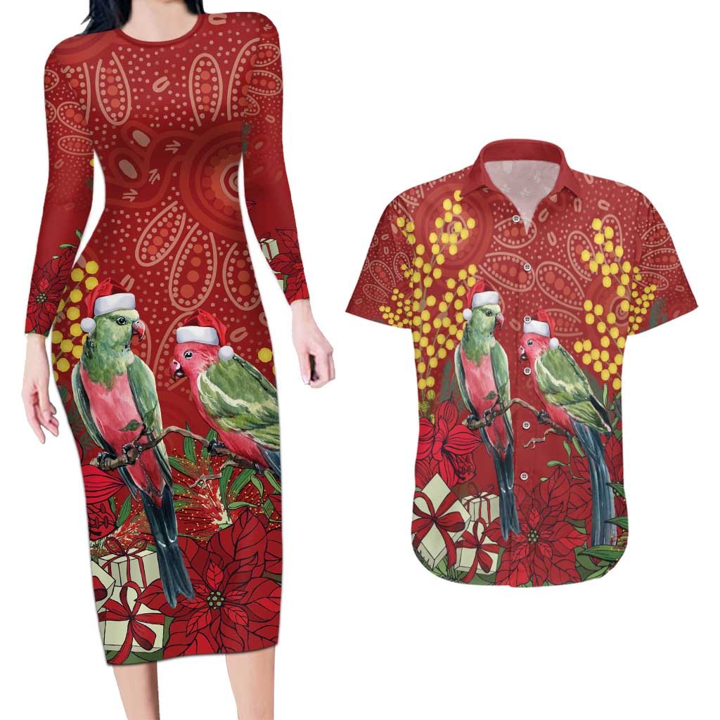 Merry Chrissie Australia King Parrots Couples Matching Long Sleeve Bodycon Dress and Hawaiian Shirt Aboriginal Art - Aussie Hoodie