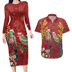 Merry Chrissie Australia King Parrots Couples Matching Long Sleeve Bodycon Dress and Hawaiian Shirt Aboriginal Art - Aussie Hoodie