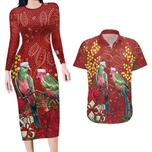 Merry Chrissie Australia King Parrots Couples Matching Long Sleeve Bodycon Dress and Hawaiian Shirt Aboriginal Art - Aussie Hoodie