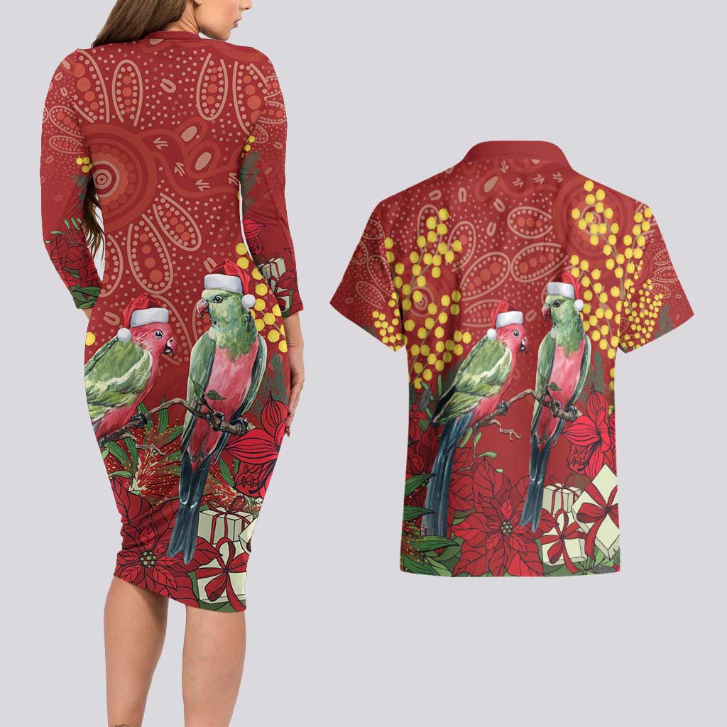 Merry Chrissie Australia King Parrots Couples Matching Long Sleeve Bodycon Dress and Hawaiian Shirt Aboriginal Art - Aussie Hoodie